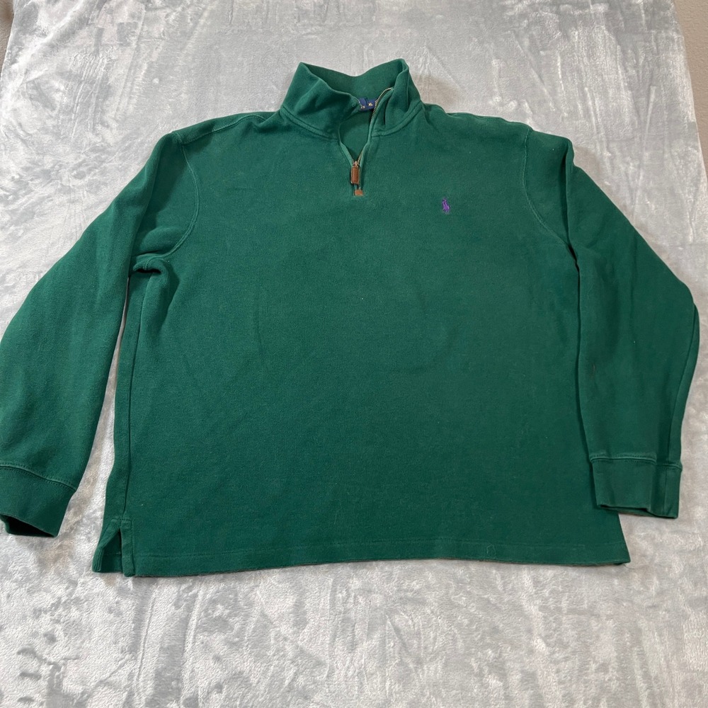 Polo Ralph Lauren Mens XL Quarter Zip Pullover Forest Green Cotton Purple Pony